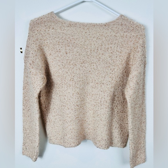 Garnet Hill vneck cropped sweater, M, brown & Gold Sequins wool Winter Party Fun - Picture 7 of 7